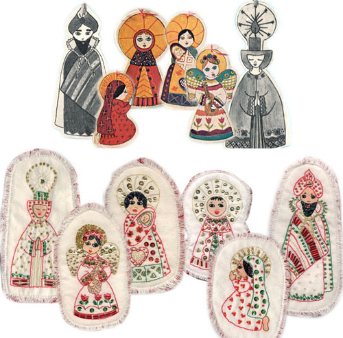 Balsa Wood Ornaments above, Embroidered and Beaded Ornaments below